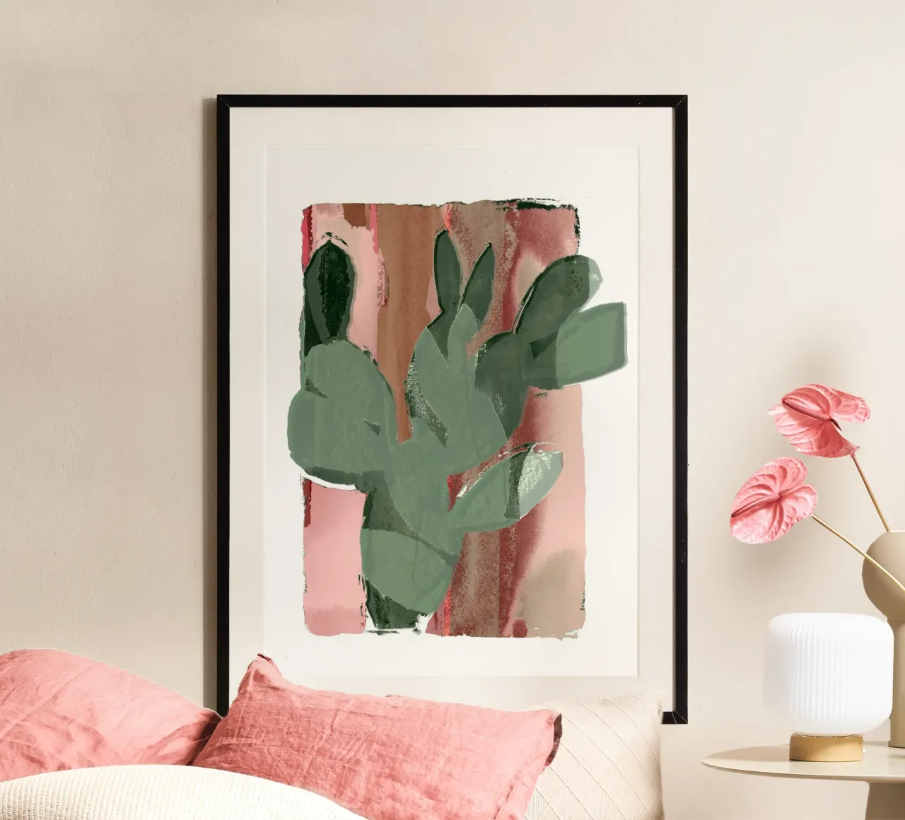 Cactus Green Pink 1 poster con telaio in legno da Casa Cartissi