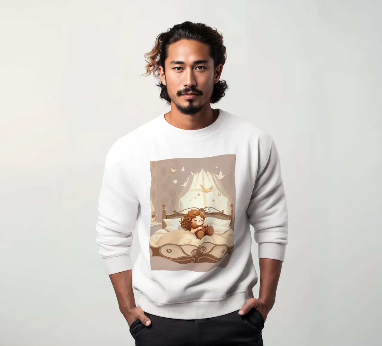 Una joven duerme plácidamente en un acogedor dormitorio sudadera de DesignDoodle