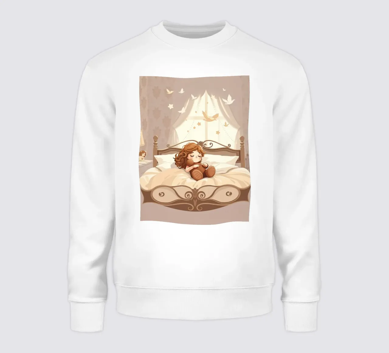 Una joven duerme plácidamente en un acogedor dormitorio sudadera de DesignDoodle
