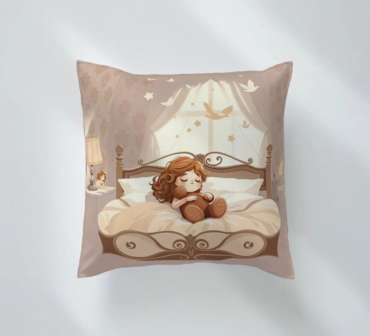 Una giovane ragazza dorme serenamente in un'accogliente camera da letto cuscino da DesignDoodle