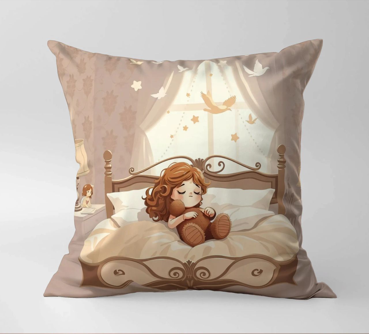 Une jeune fille dort paisiblement dans une chambre douillette. coussin de DesignDoodle