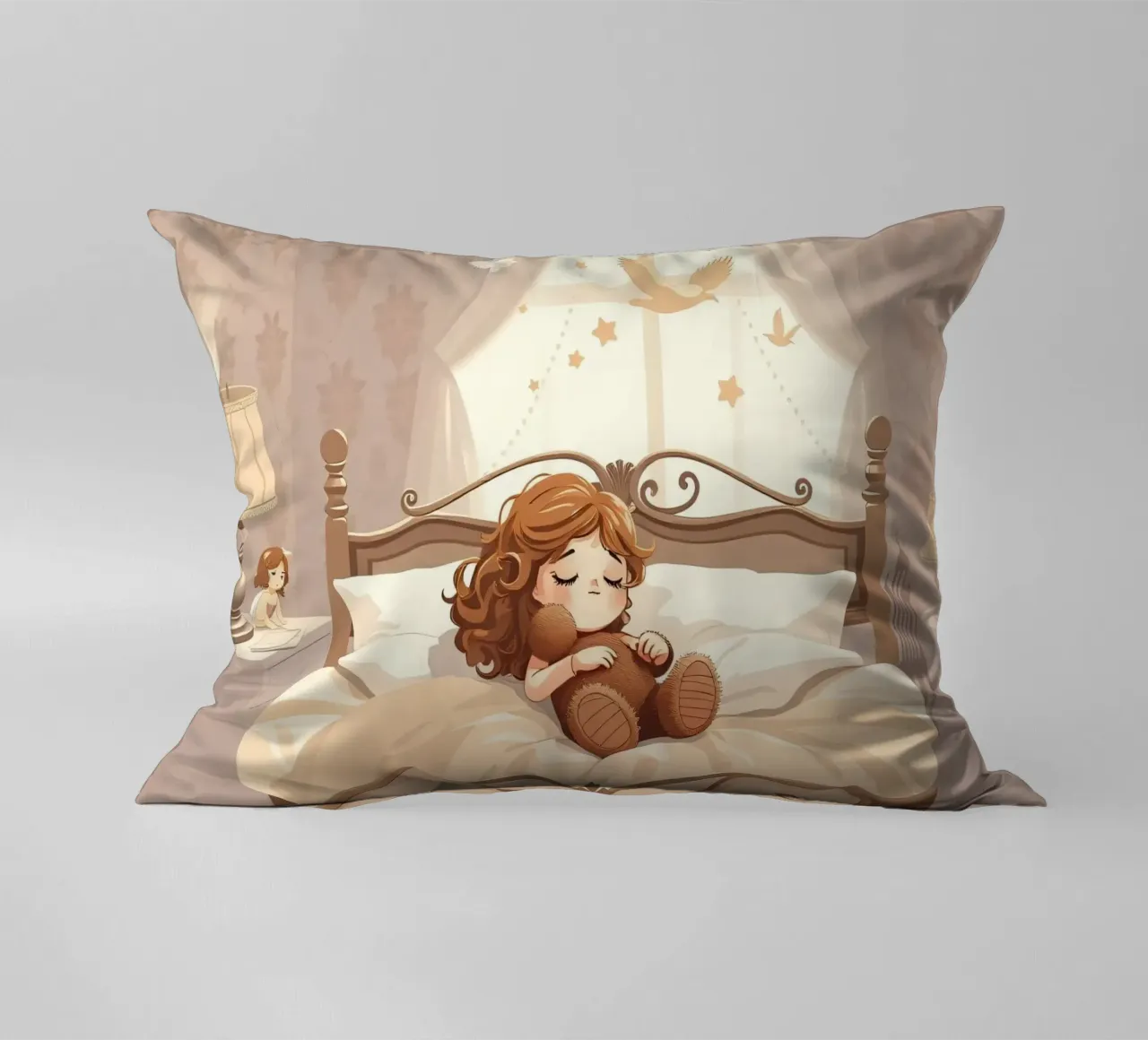 Una giovane ragazza dorme serenamente in un'accogliente camera da letto cuscino da DesignDoodle