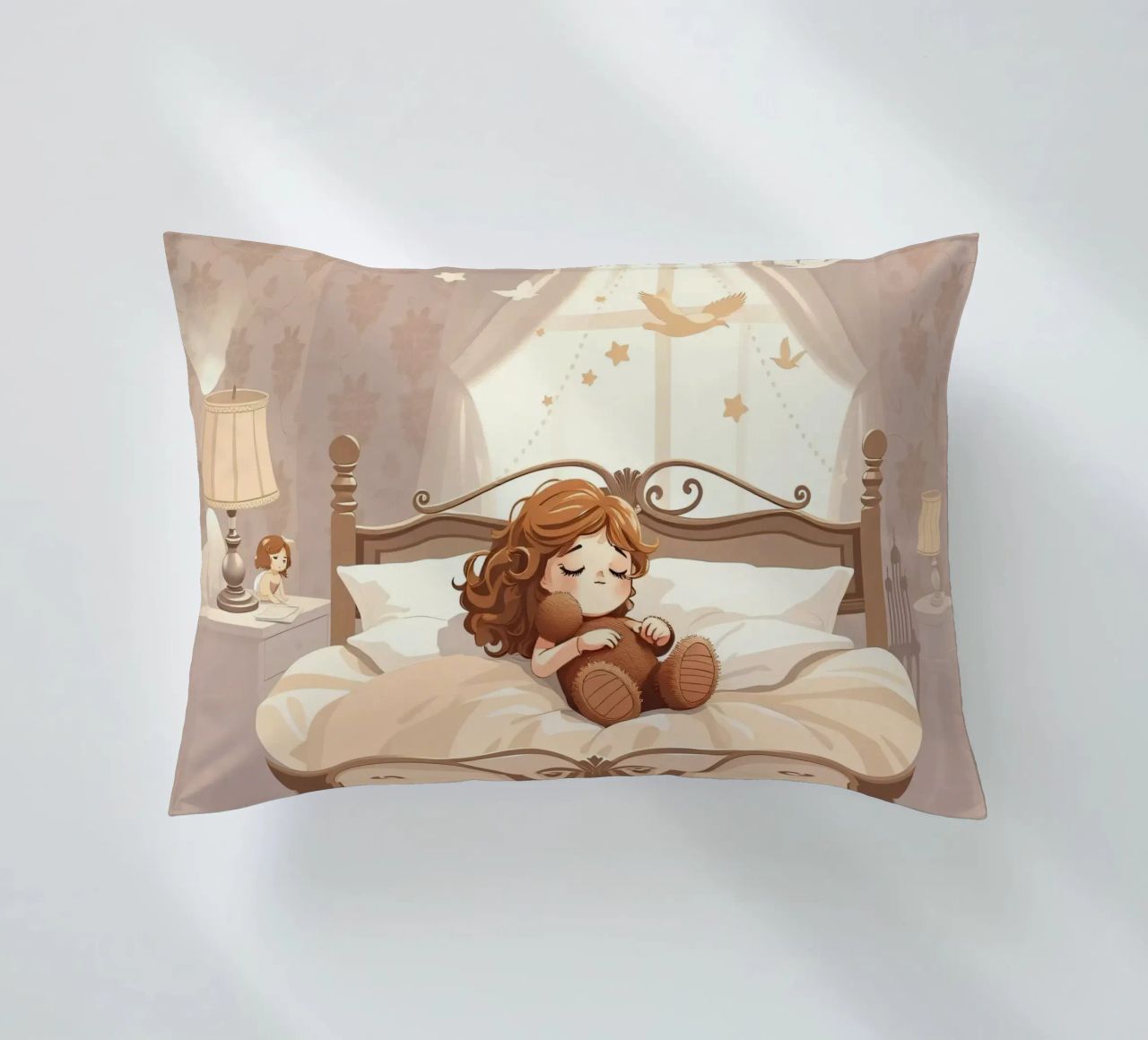 Une jeune fille dort paisiblement dans une chambre douillette. coussin de DesignDoodle