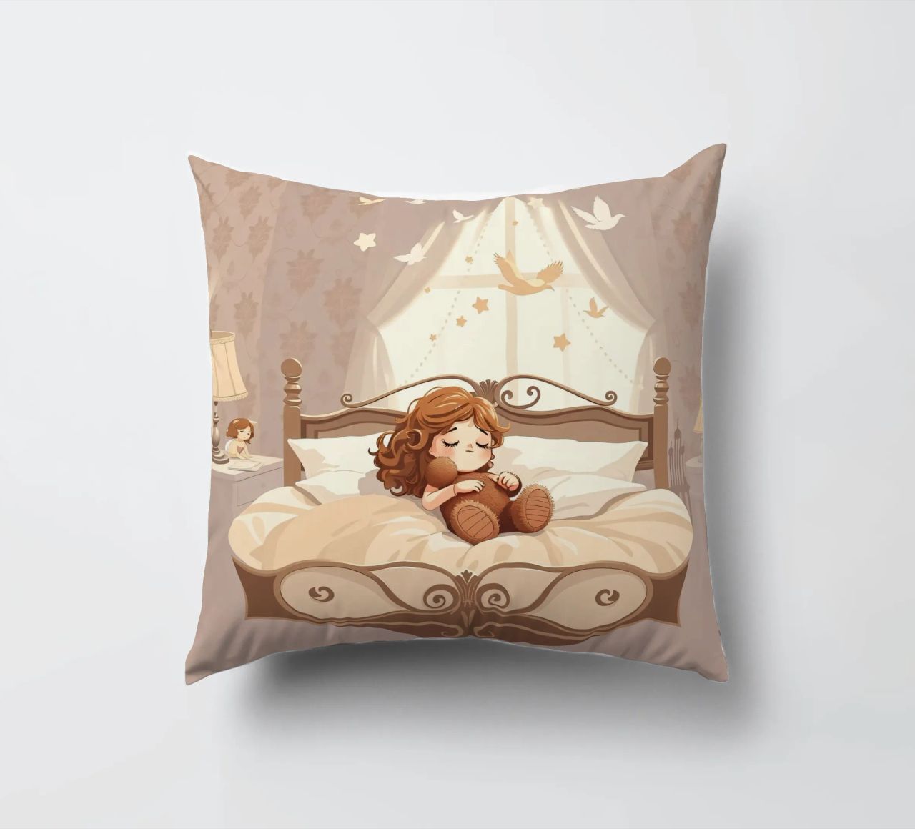 Une jeune fille dort paisiblement dans une chambre douillette. coussin de DesignDoodle
