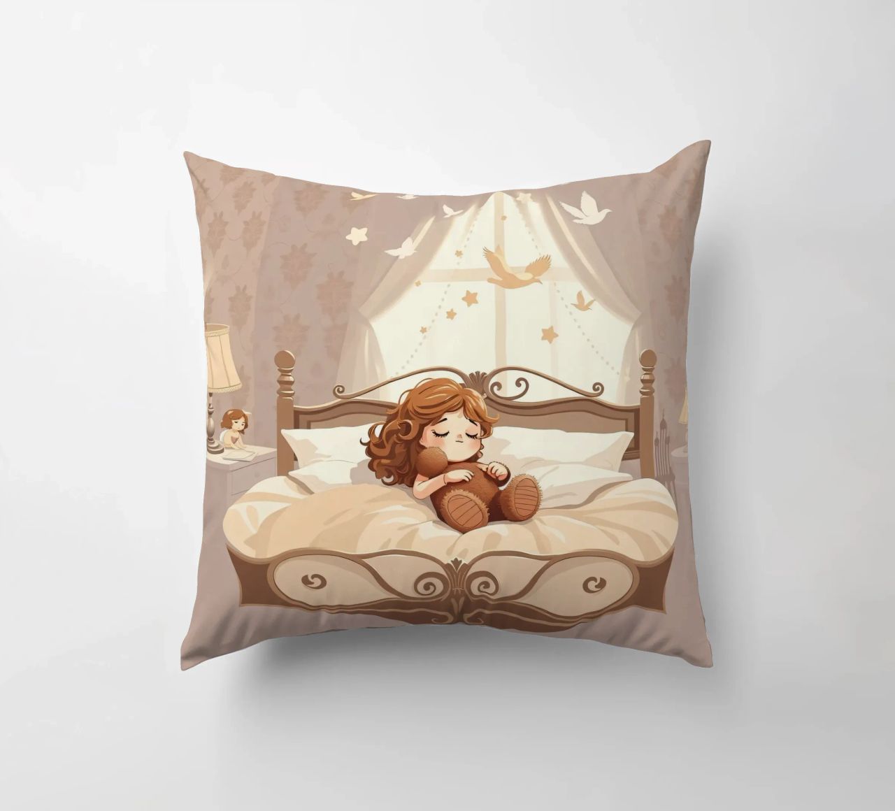 Une jeune fille dort paisiblement dans une chambre douillette. coussin de DesignDoodle