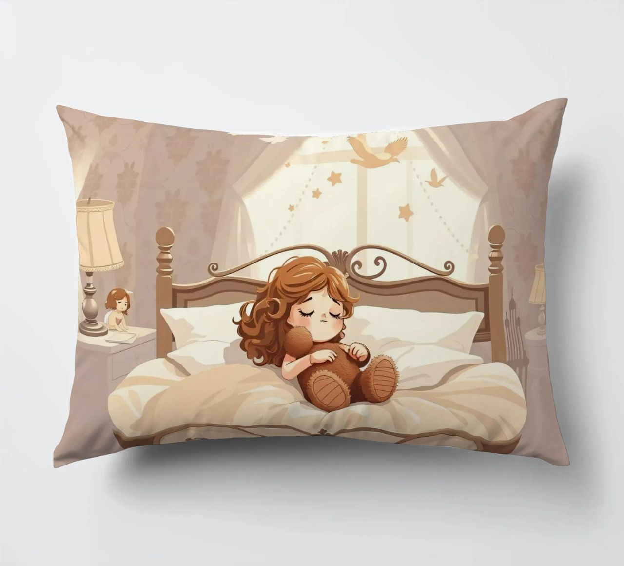 Une jeune fille dort paisiblement dans une chambre douillette. coussin de DesignDoodle