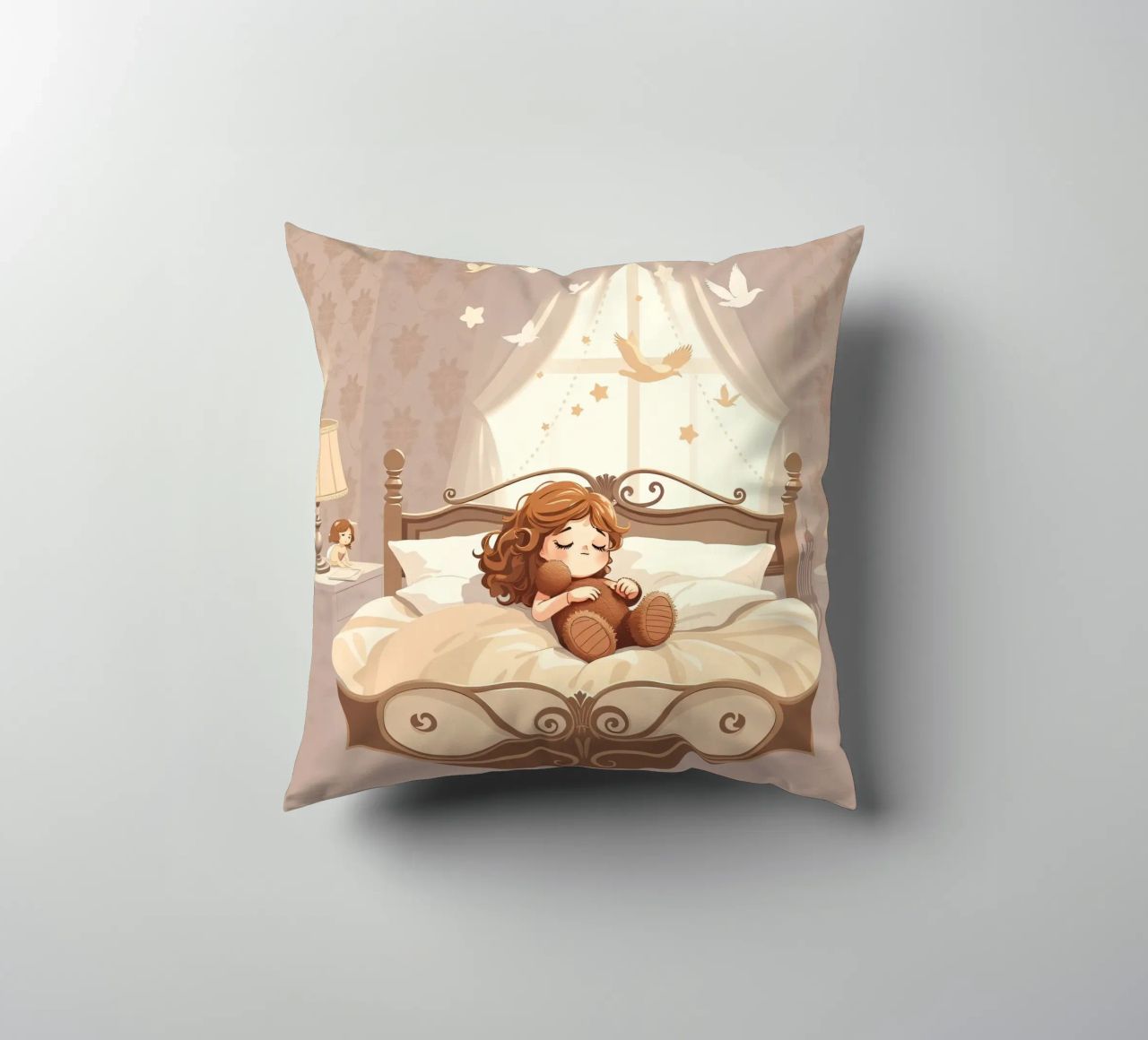 Une jeune fille dort paisiblement dans une chambre douillette. coussin de DesignDoodle