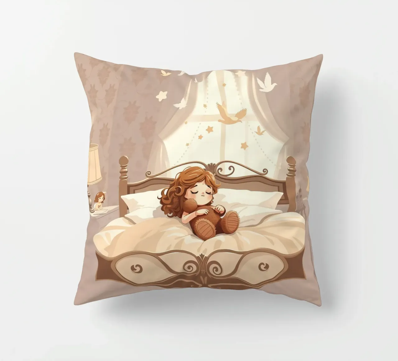 Una giovane ragazza dorme serenamente in un'accogliente camera da letto cuscino da DesignDoodle