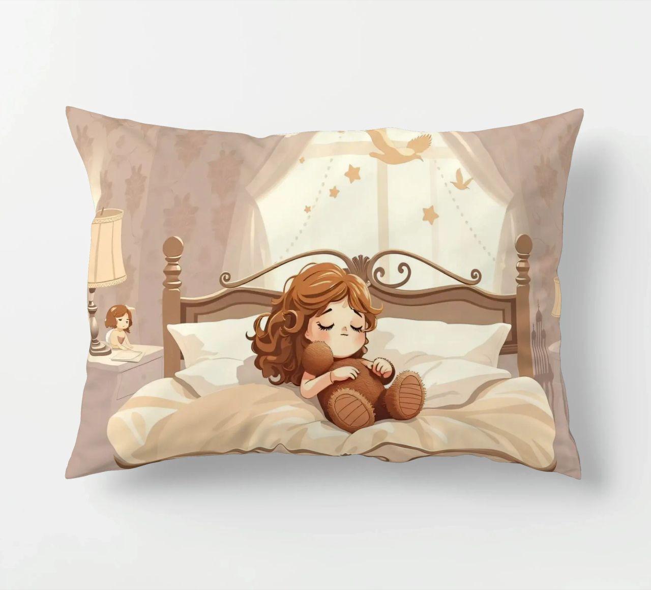 Une jeune fille dort paisiblement dans une chambre douillette. coussin de DesignDoodle
