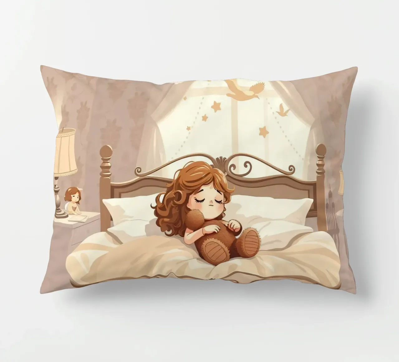 Una giovane ragazza dorme serenamente in un'accogliente camera da letto cuscino da DesignDoodle