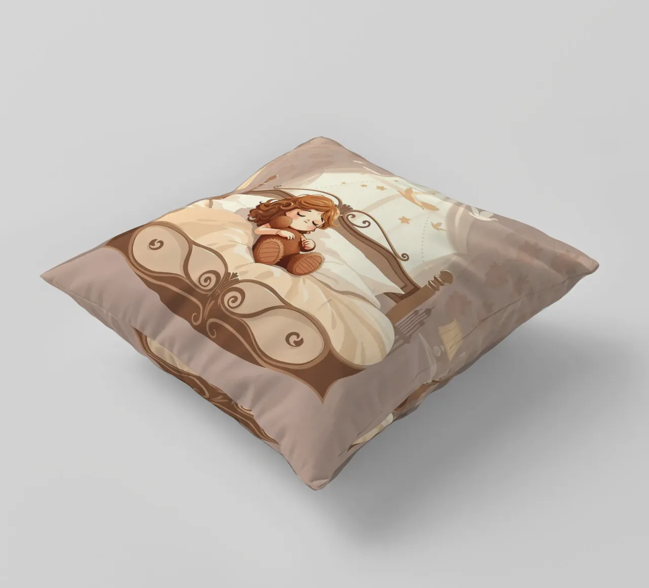 Una giovane ragazza dorme serenamente in un'accogliente camera da letto cuscino da DesignDoodle