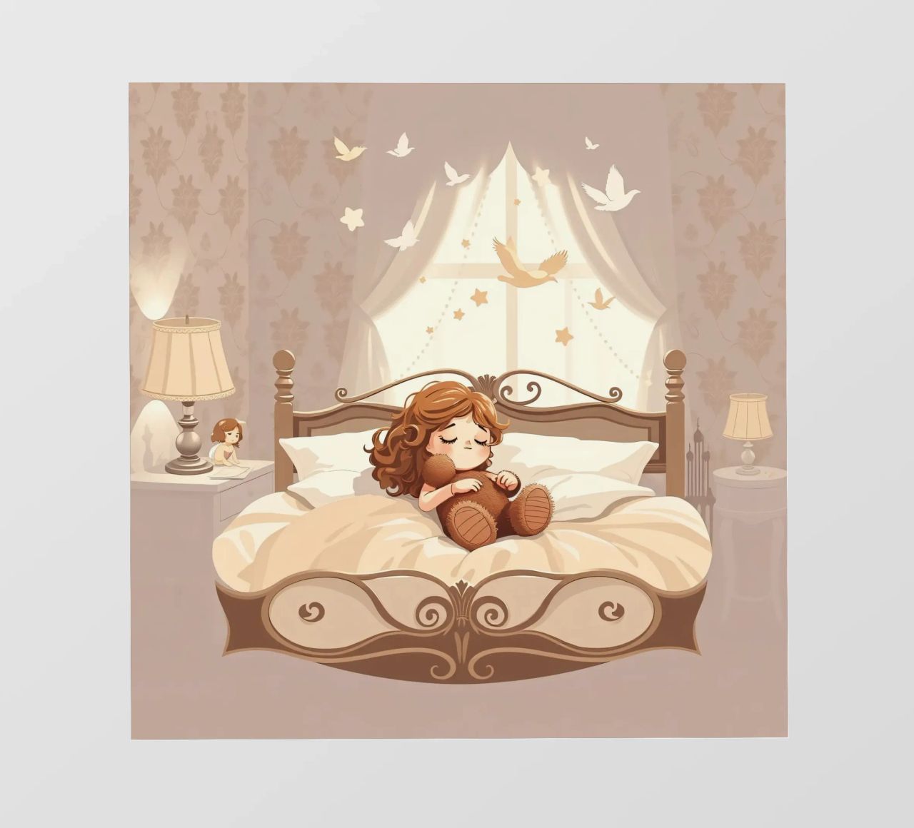 Una giovane ragazza dorme serenamente in un'accogliente camera da letto pellicola backlit da DesignDoodle