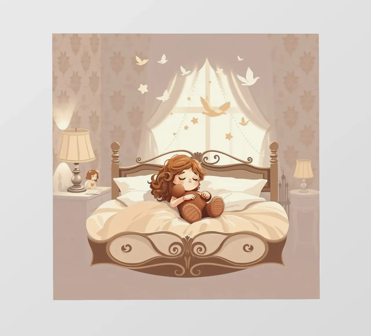 Una giovane ragazza dorme serenamente in un'accogliente camera da letto telo in pvc da DesignDoodle