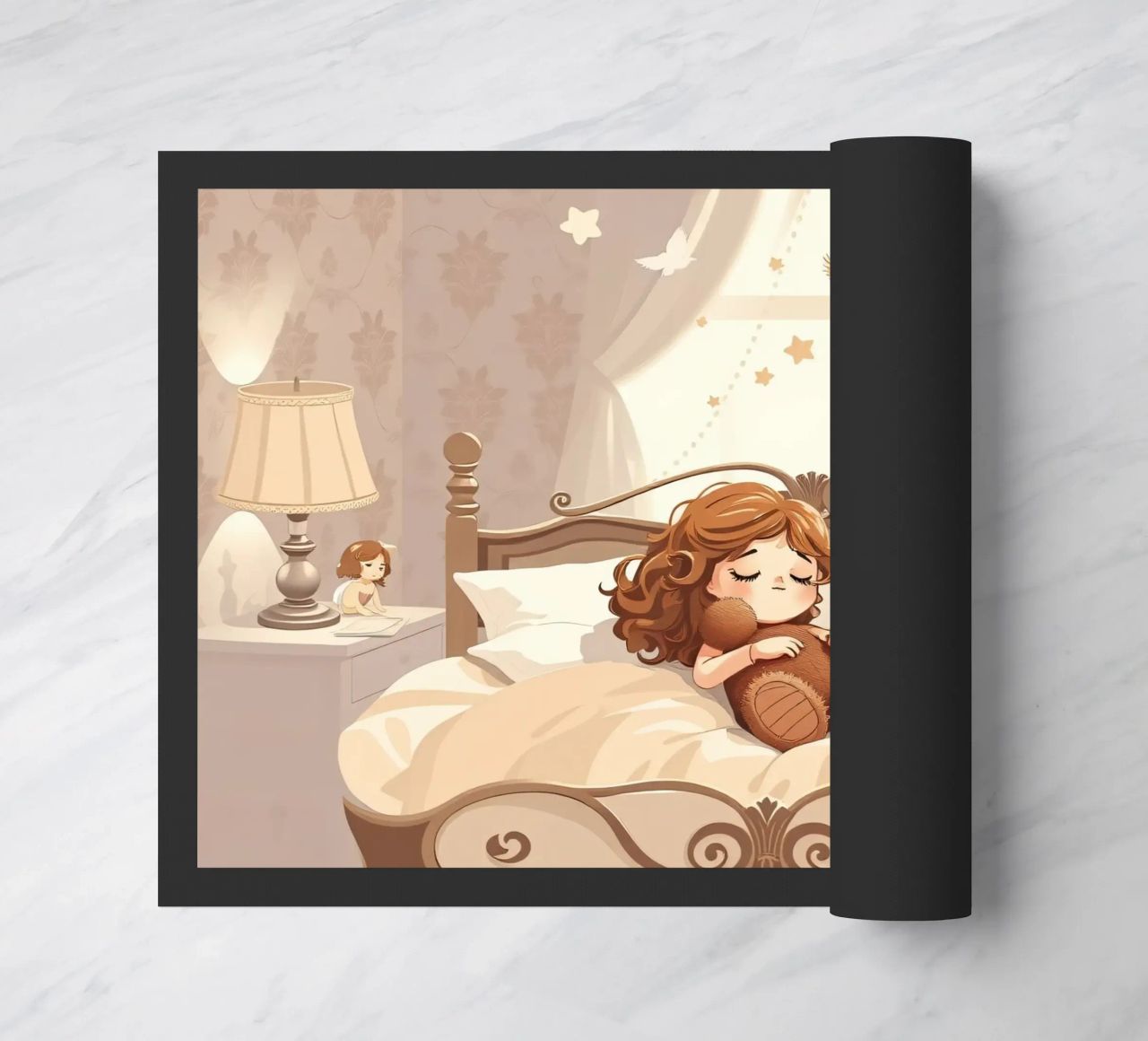 Una giovane ragazza dorme serenamente in un'accogliente camera da letto zerbino da DesignDoodle