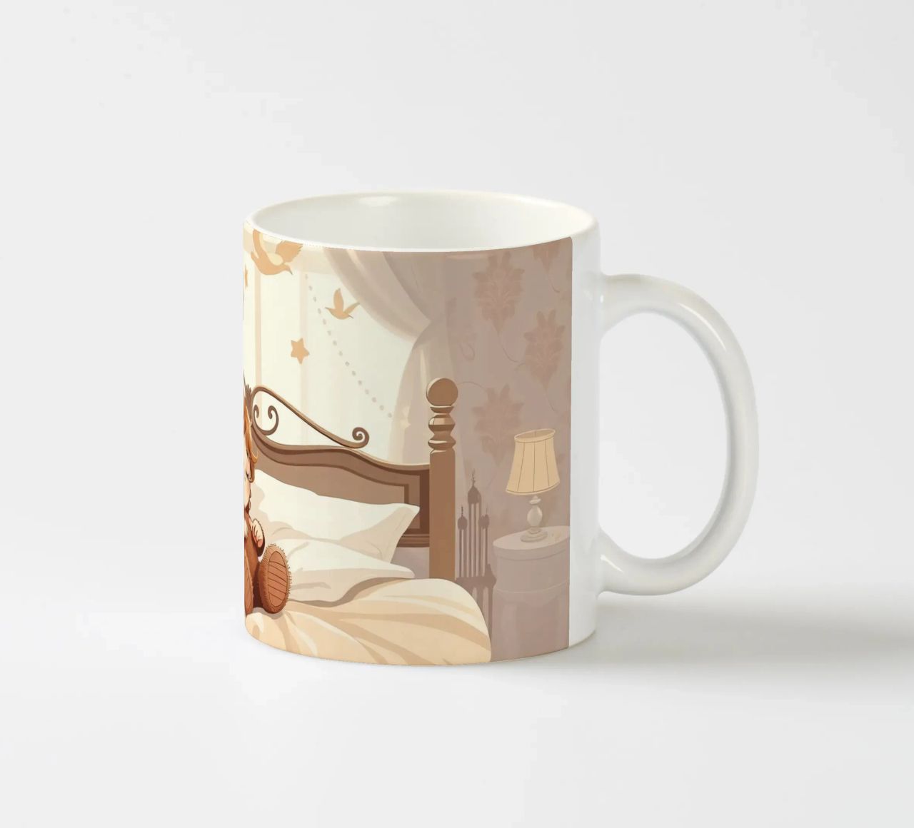 Una giovane ragazza dorme serenamente in un'accogliente camera da letto tazza in ceramica da DesignDoodle