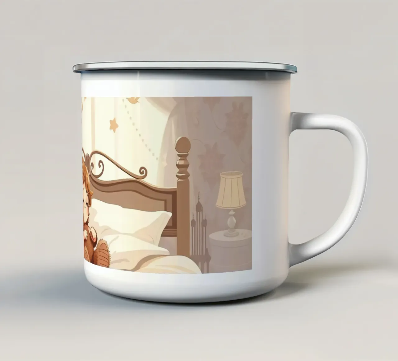Una joven duerme plácidamente en un acogedor dormitorio taza de esmalte de DesignDoodle