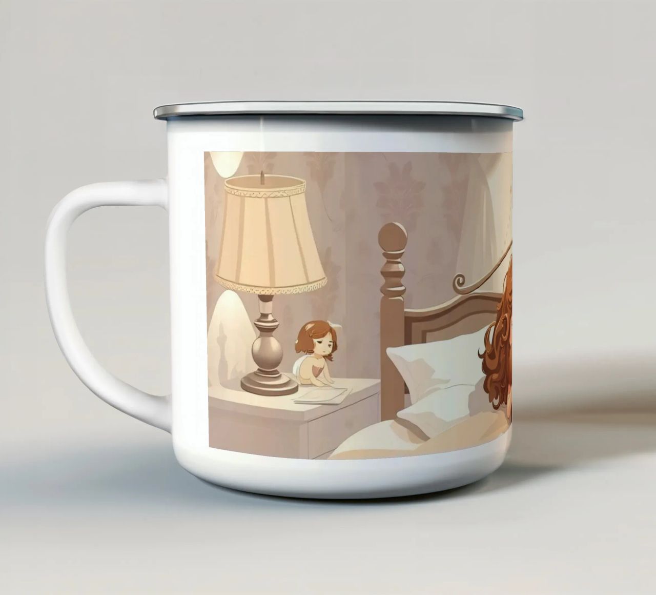 Una giovane ragazza dorme serenamente in un'accogliente camera da letto tazza in smalto da DesignDoodle