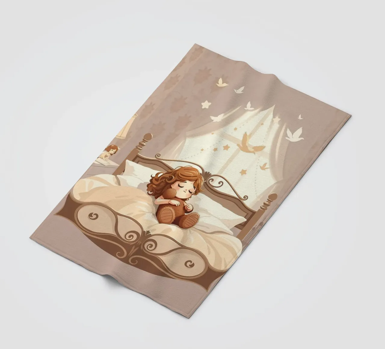 Una giovane ragazza dorme serenamente in un'accogliente camera da letto coperta in pile da DesignDoodle