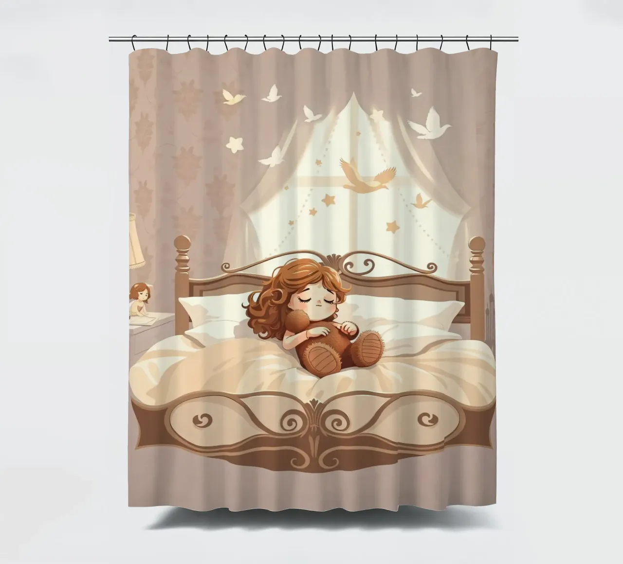 Una giovane ragazza dorme serenamente in un'accogliente camera da letto tenda da doccia da DesignDoodle