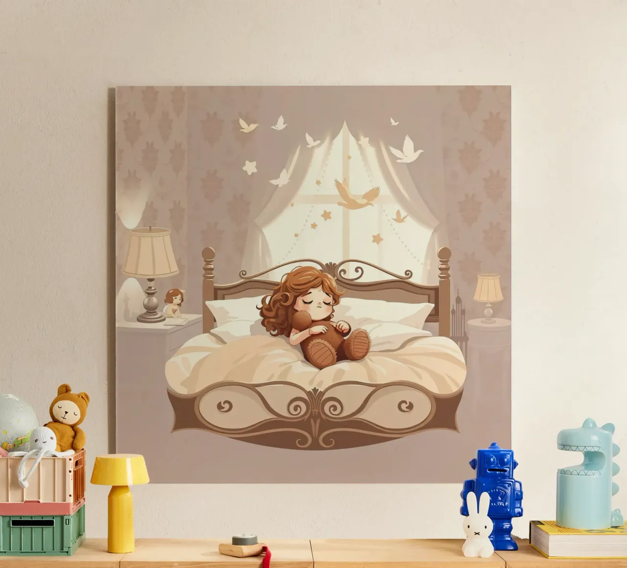 Una giovane ragazza dorme serenamente in un'accogliente camera da letto plexiglass da DesignDoodle
