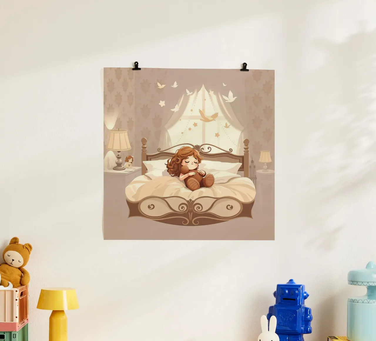 Una giovane ragazza dorme serenamente in un'accogliente camera da letto poster con telaio in legno da DesignDoodle