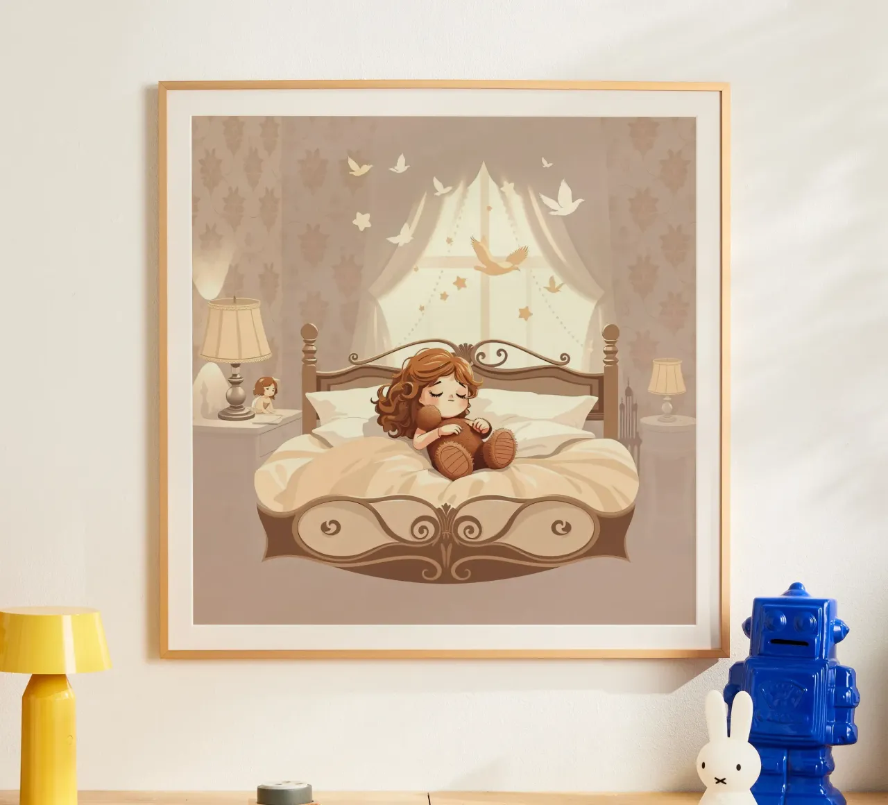 Una giovane ragazza dorme serenamente in un'accogliente camera da letto poster con telaio in legno da DesignDoodle