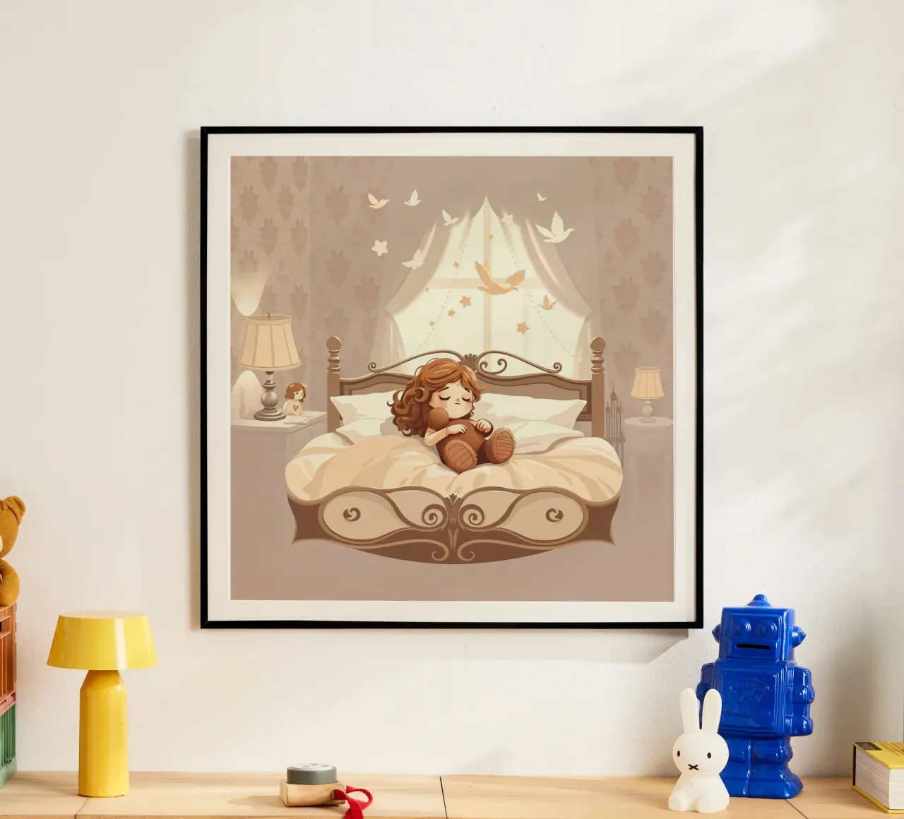 Una giovane ragazza dorme serenamente in un'accogliente camera da letto poster con telaio in legno da DesignDoodle