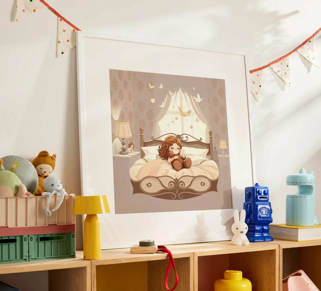 Una giovane ragazza dorme serenamente in un'accogliente camera da letto poster con telaio in legno da DesignDoodle