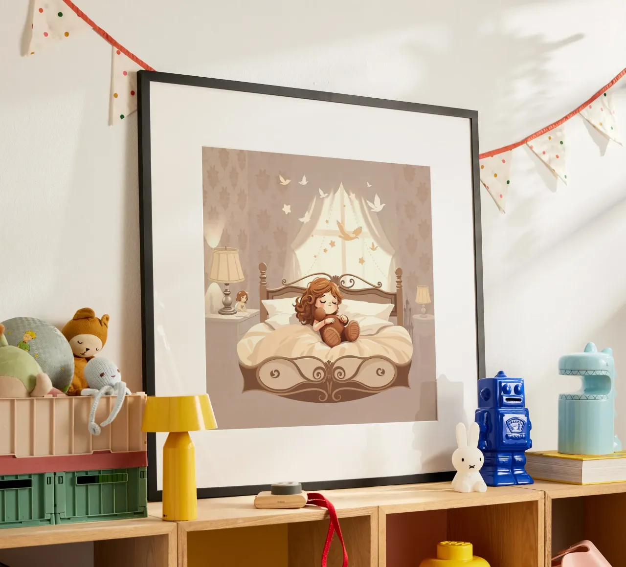 Una giovane ragazza dorme serenamente in un'accogliente camera da letto poster con telaio in legno da DesignDoodle