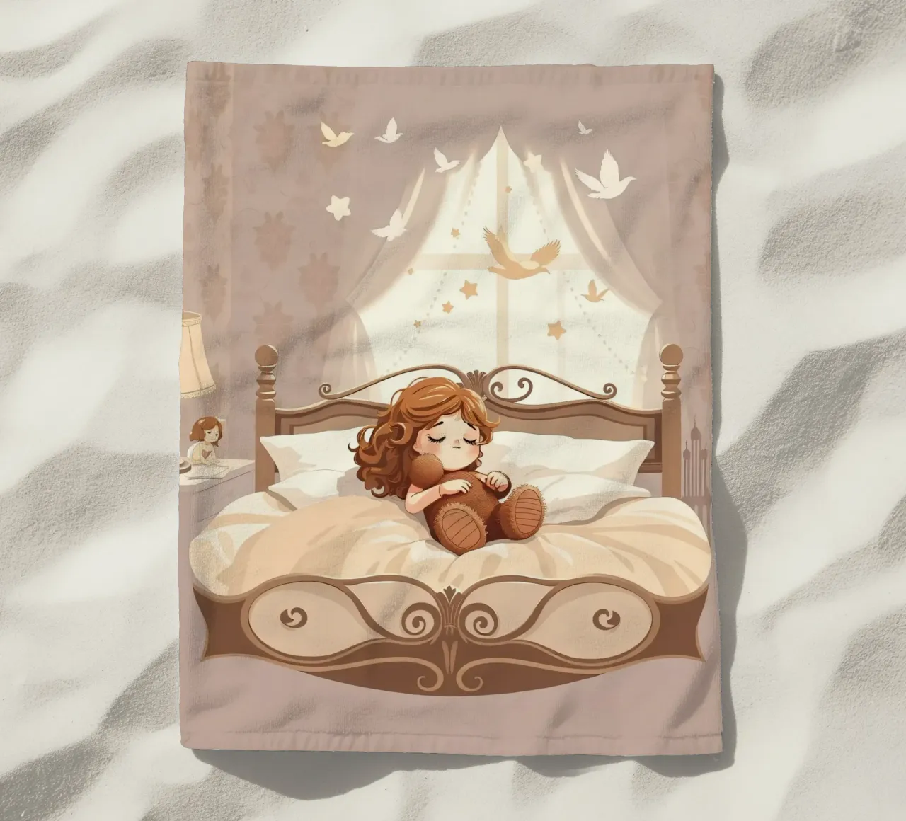 Una giovane ragazza dorme serenamente in un'accogliente camera da letto telo mare da DesignDoodle