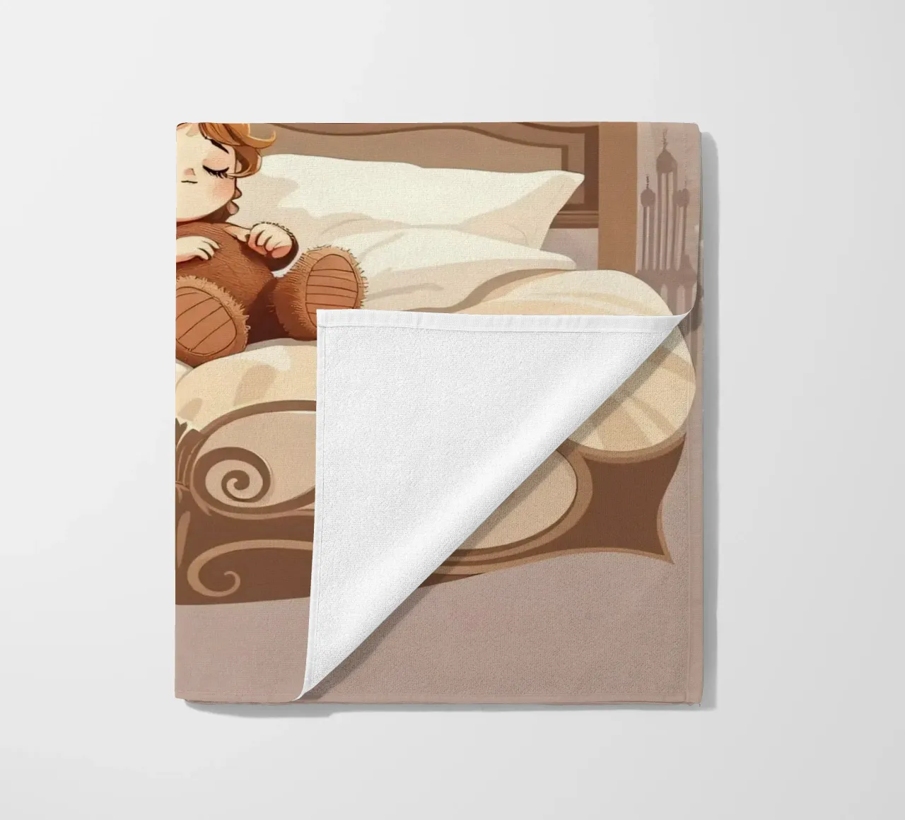 Una giovane ragazza dorme serenamente in un'accogliente camera da letto telo mare da DesignDoodle