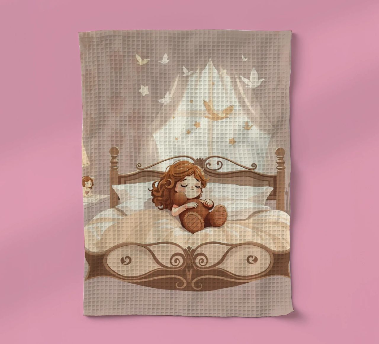 Une jeune fille dort paisiblement dans une chambre douillette. torchon de DesignDoodle