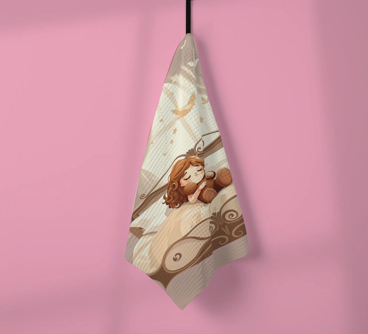 Une jeune fille dort paisiblement dans une chambre douillette. torchon de DesignDoodle