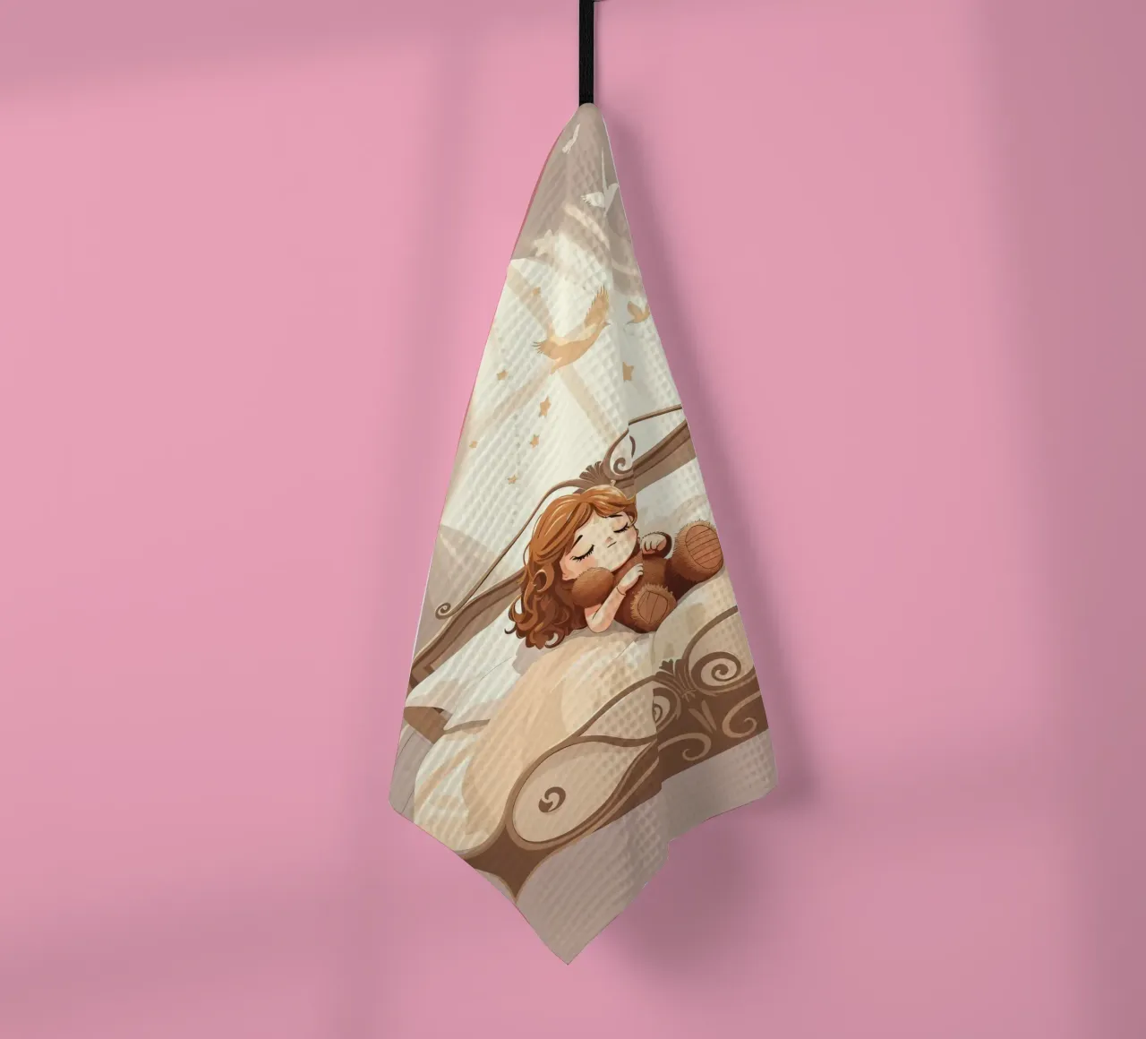 Una giovane ragazza dorme serenamente in un'accogliente camera da letto canovaccio da cucina da DesignDoodle