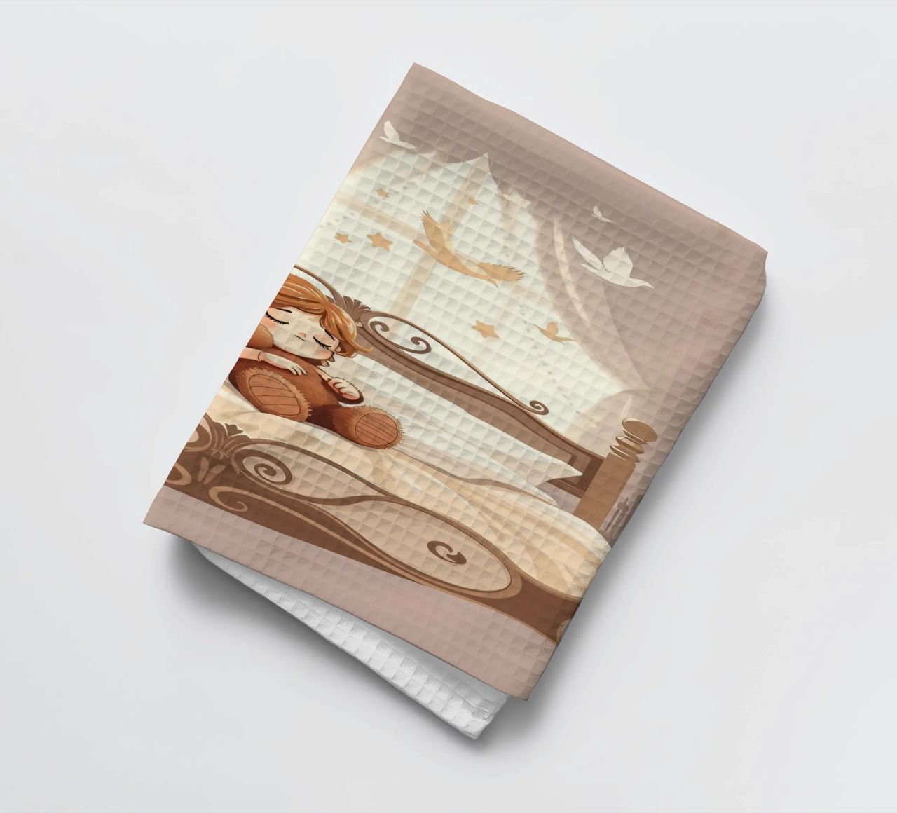 Une jeune fille dort paisiblement dans une chambre douillette. torchon de DesignDoodle
