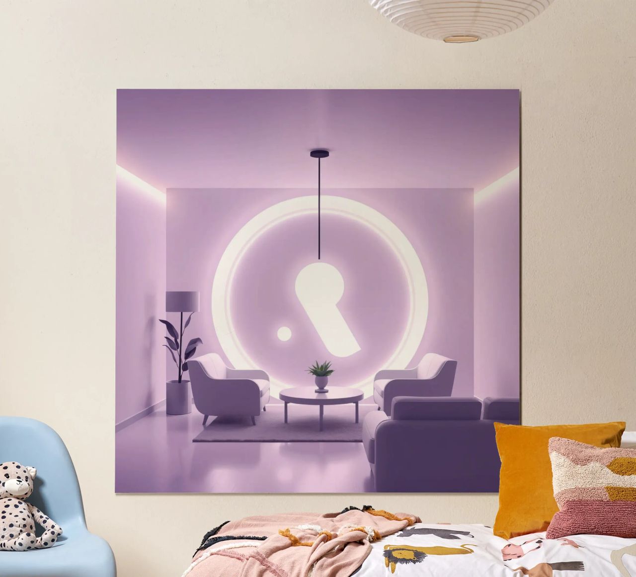 Modernes Wohnzimmer weiche lila Beleuchtung Poster von DesignDoodle