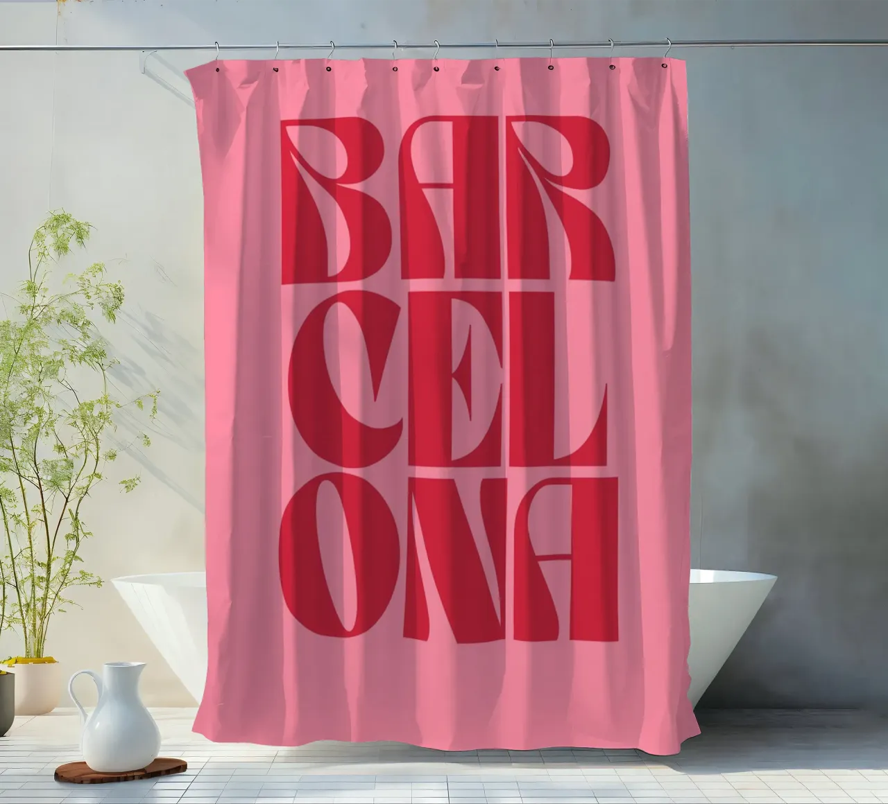 Barcellona Viaggio Tipografia rosa e rossa tenda da doccia da pdigitalprints
