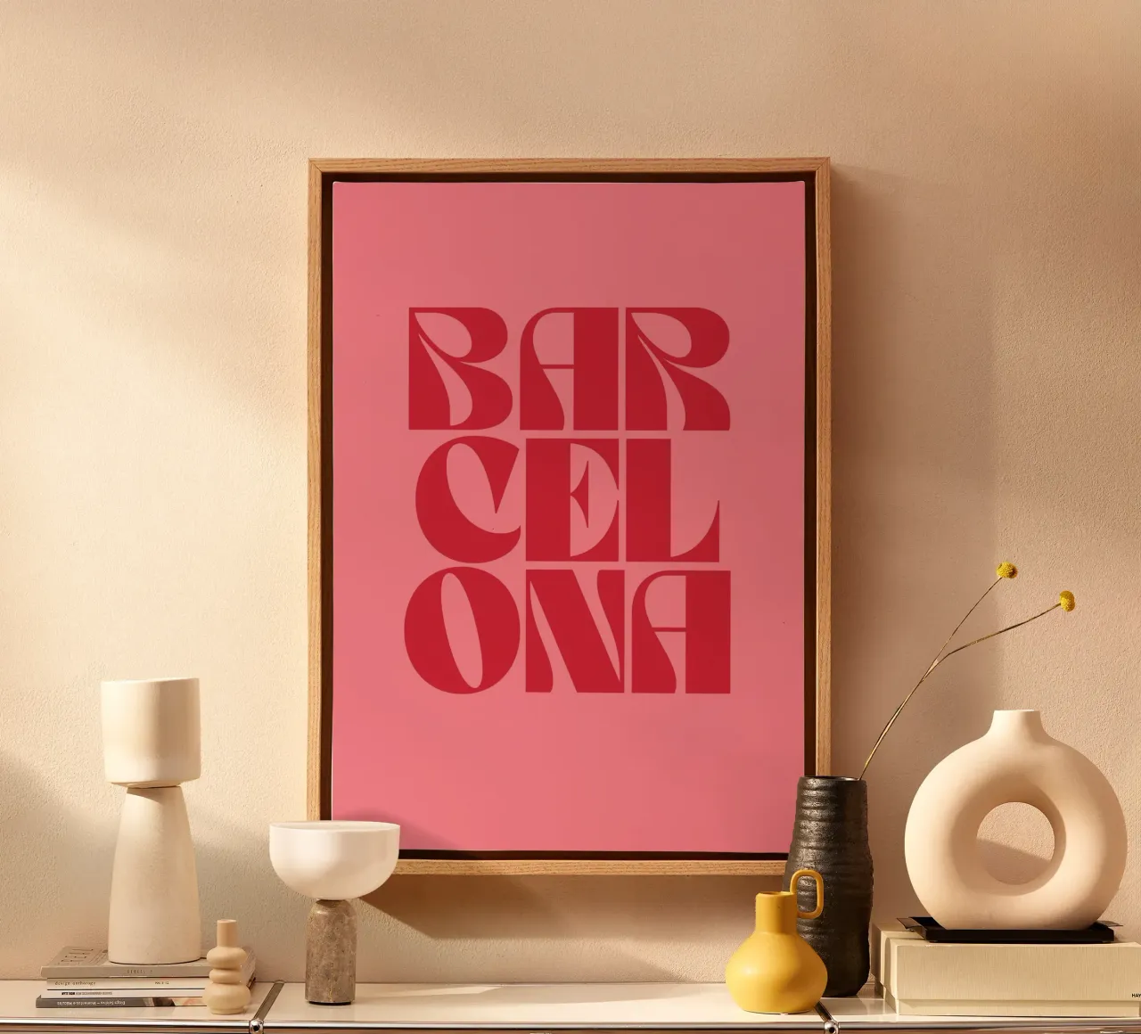 Barcellona Viaggio Tipografia rosa e rossa tela con Cornice a cassetta da pdigitalprints