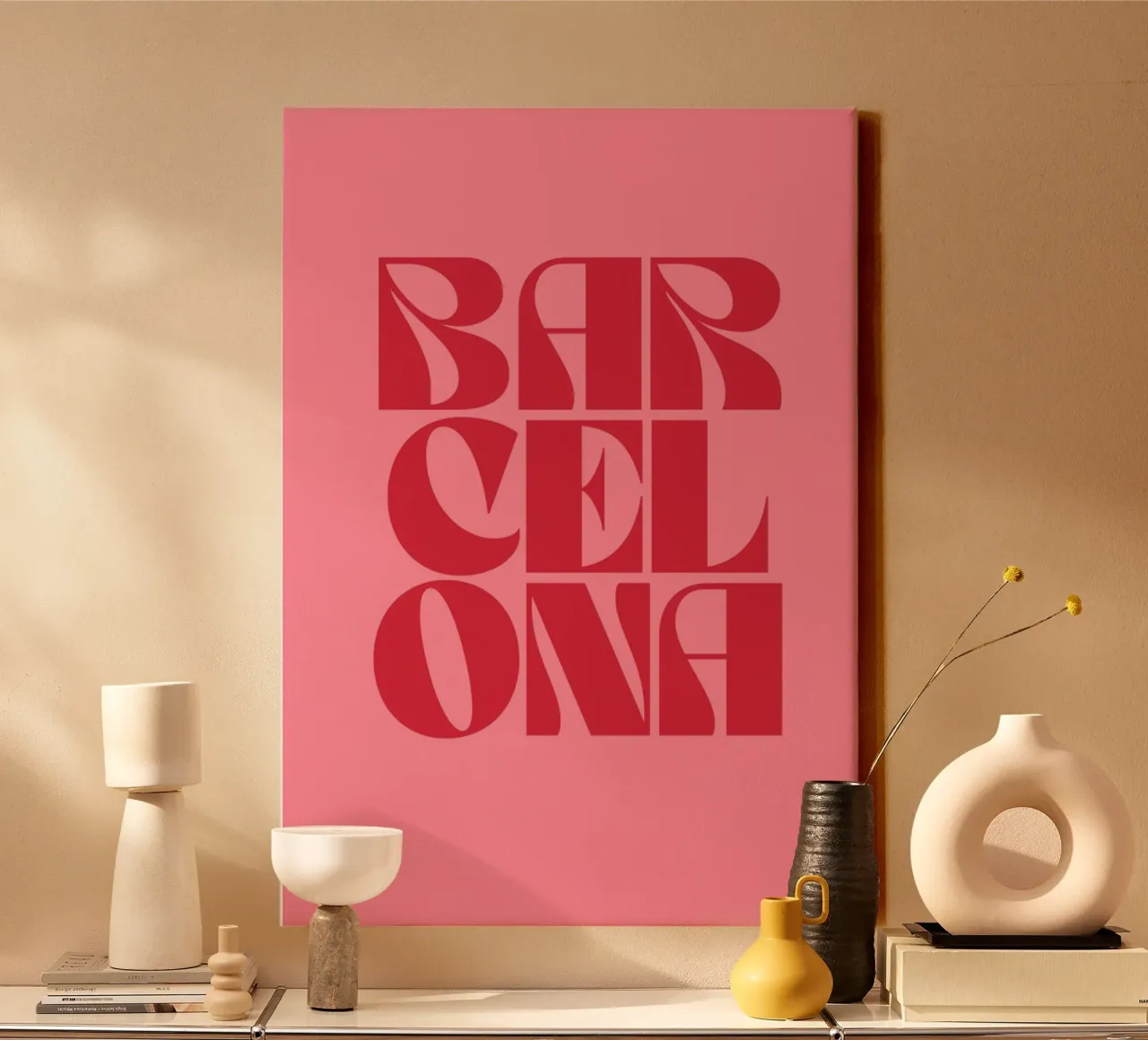 Barcellona Viaggio Tipografia rosa e rossa tela con Cornice a cassetta da pdigitalprints