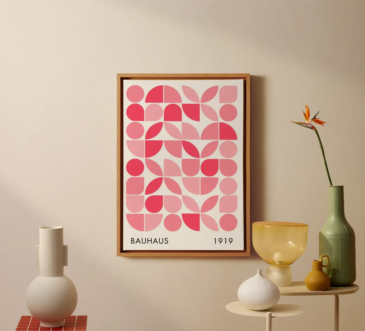 Bauhaus Pink and Red Geometric shape canvas with Floater frame by pdigitalprints