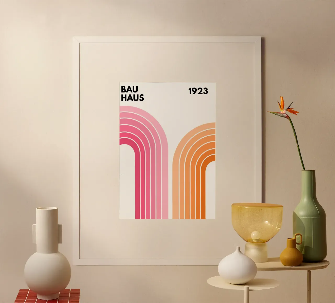 Arte geometrica Bauhaus rosa e arancione poster con telaio in alluminio da pdigitalprints