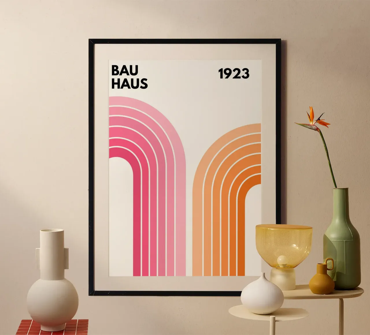 Arte geometrica Bauhaus rosa e arancione poster con telaio in alluminio da pdigitalprints