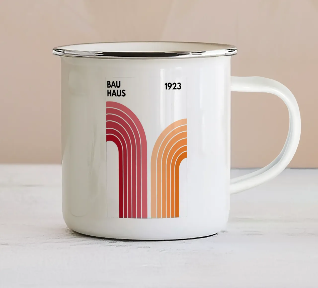 Bauhaus geometrico rosso e arancione tazza in smalto da pdigitalprints