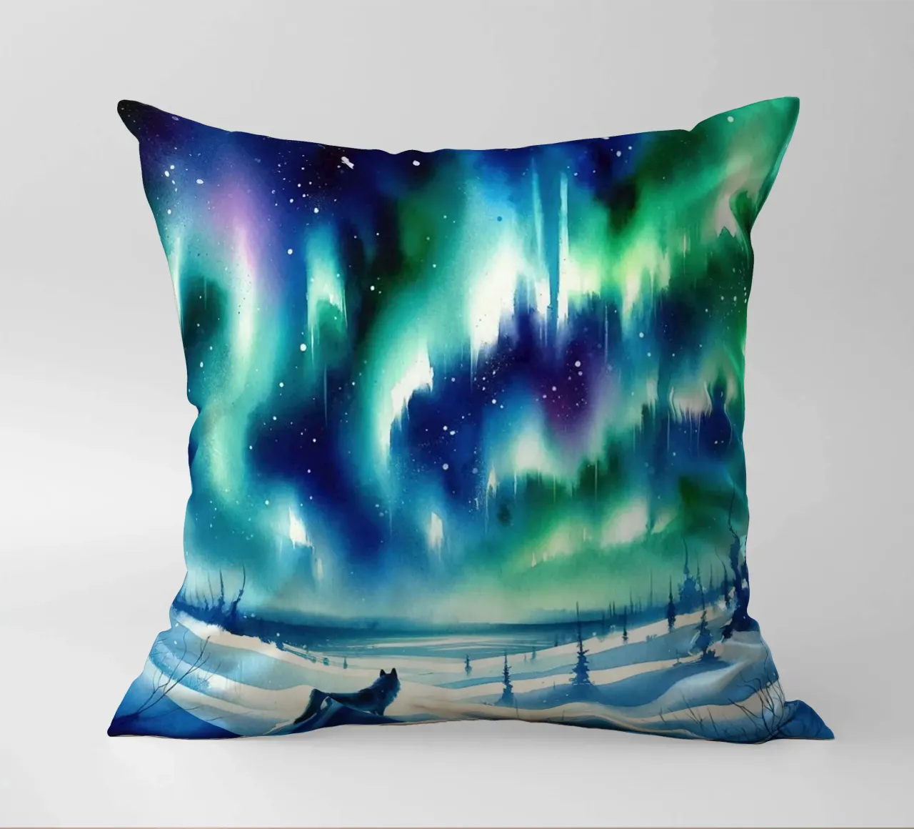 Volpe artica e aurora boreale cuscino da Chromatic Fusion Studio