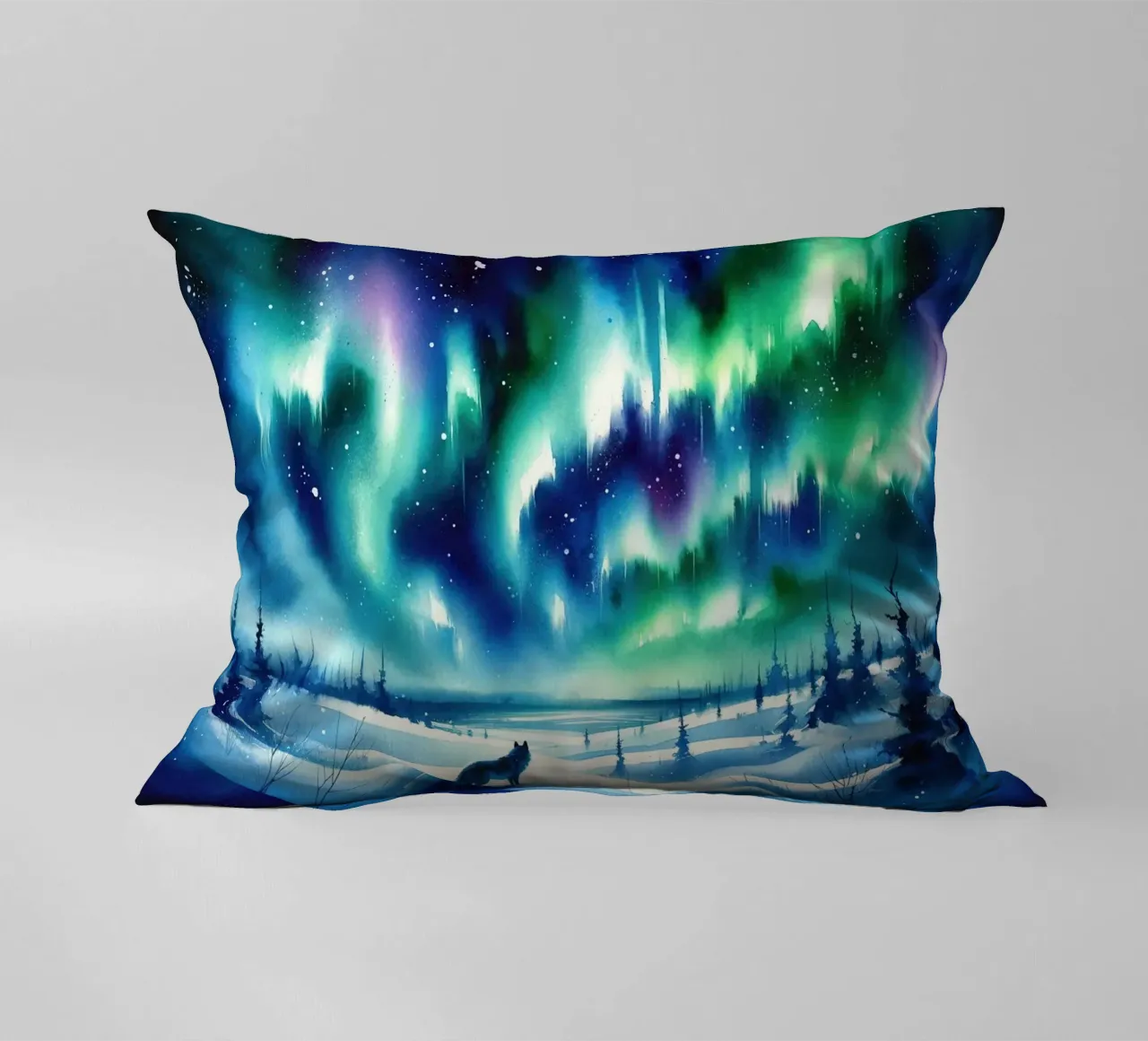 Volpe artica e aurora boreale cuscino da Chromatic Fusion Studio