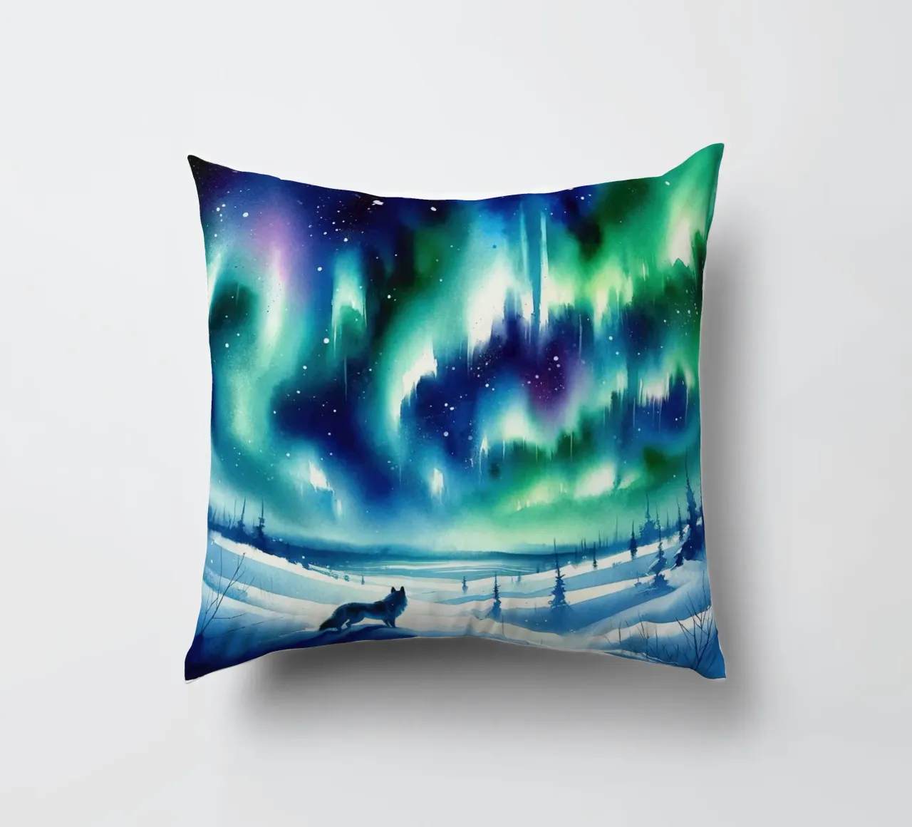 Volpe artica e aurora boreale cuscino da Chromatic Fusion Studio