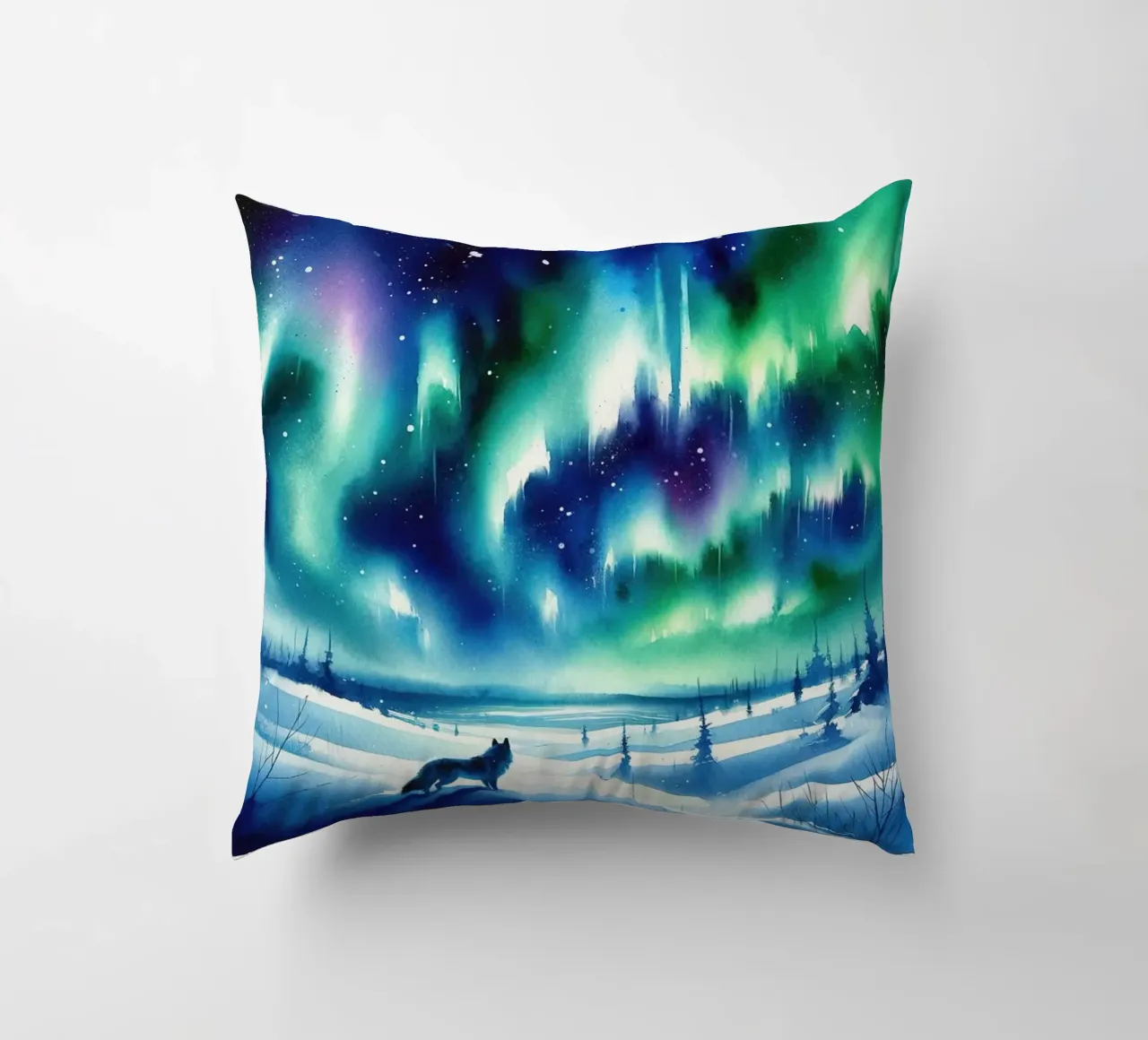 Volpe artica e aurora boreale cuscino da Chromatic Fusion Studio