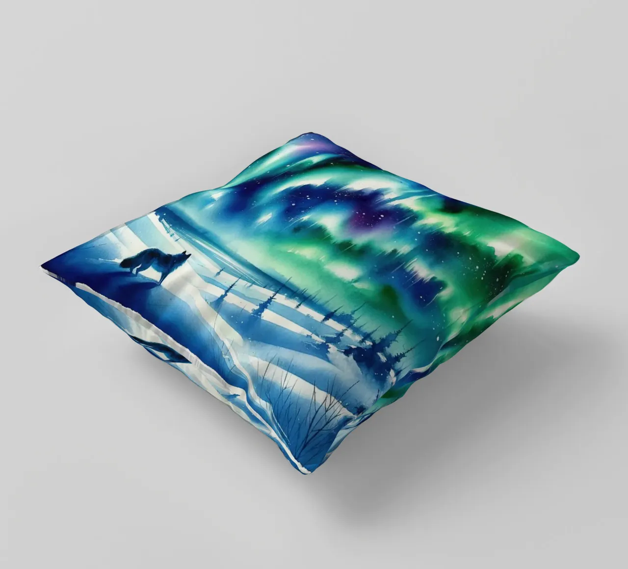 Volpe artica e aurora boreale cuscino da Chromatic Fusion Studio