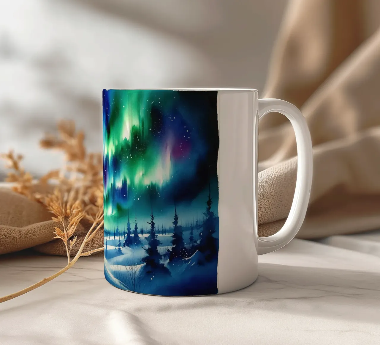 Volpe artica e aurora boreale tazza in ceramica da Chromatic Fusion Studio