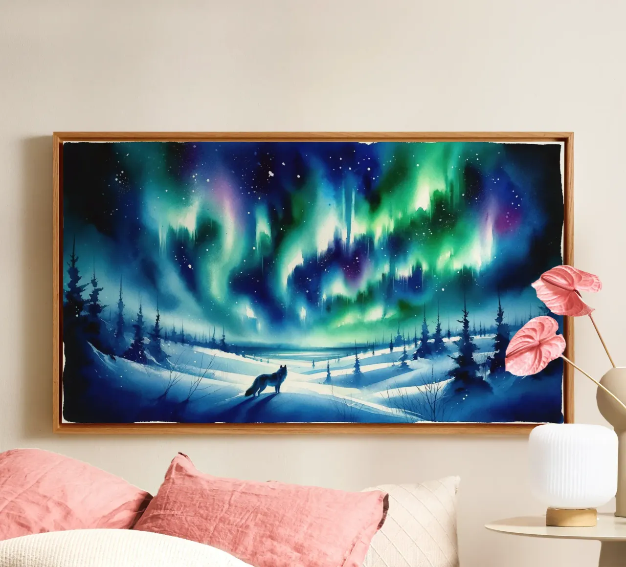 Polarfuchs und Nordlichter Leinwand mit Schattenfugenrahmen von Chromatic Fusion Studio